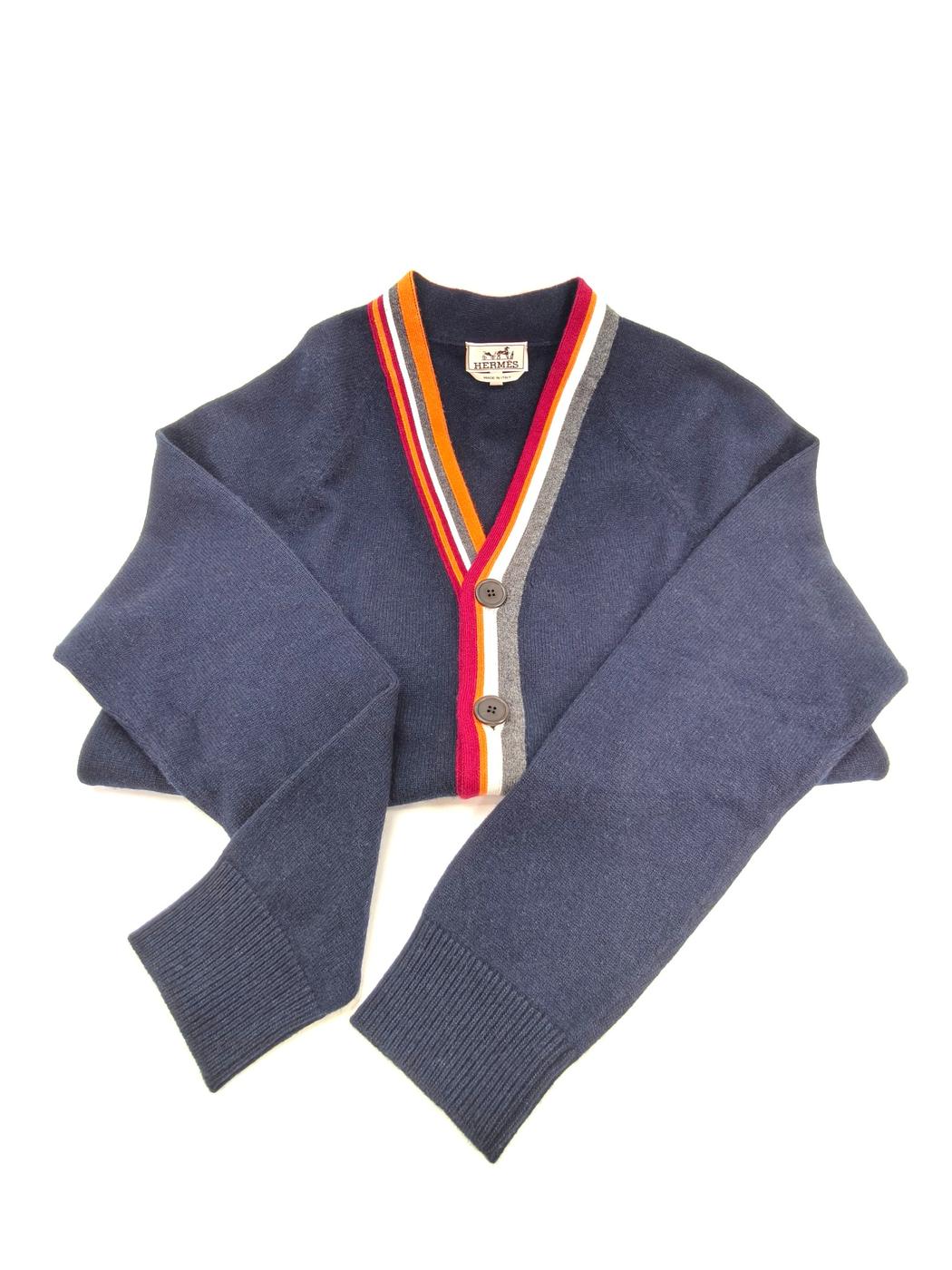 爱马仕 100% 羊绒开衫 男士海军蓝不对称条纹 货号：10207