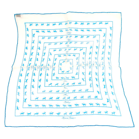 HERMES エルメス カレ45 SAUT GALOP CANTER RACK 馬柄 シルク スカーフ ホワイト×ブルー 管理番号：10274