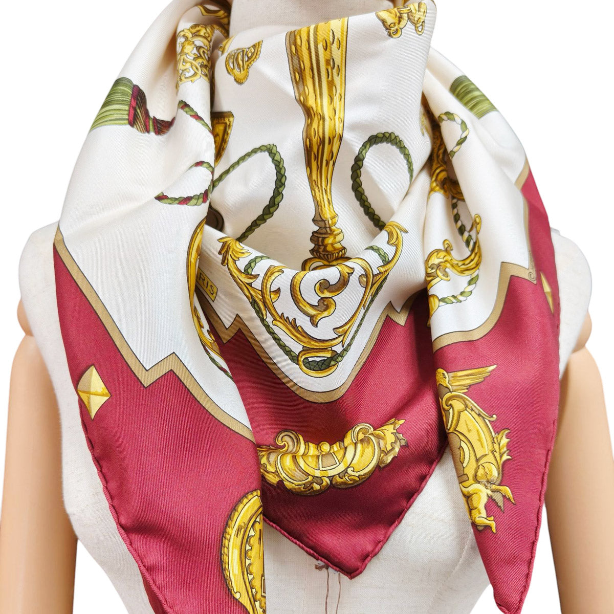 HERMES Carre 90 LES CLES THE KEYS RARE Key Pattern Silk Scarf White x Bordeaux Control number: 10863