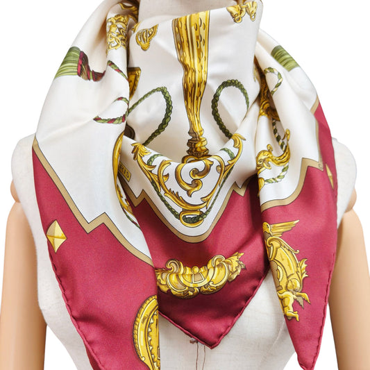 HERMES Carre 90 LES CLES THE KEYS RARE Key Pattern Silk Scarf White x Bordeaux Control number: 10863