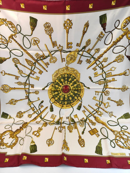 HERMES Carre 90 LES CLES THE KEYS RARE Key Pattern Silk Scarf White x Bordeaux Control number: 10863