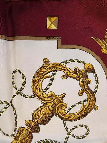 HERMES Carre 90 LES CLES THE KEYS RARE Key Pattern Silk Scarf White x Bordeaux Control number: 10863