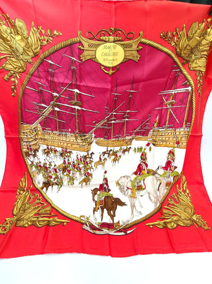HERMES Carre 90 MARINE ET CAVALERIE Silk Scarf Red Product No: 10869
