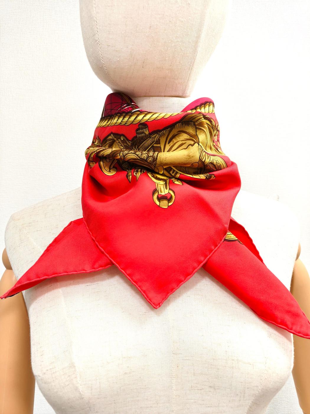HERMES Carre 90 MARINE ET CAVALERIE Silk Scarf Red Product No: 10869