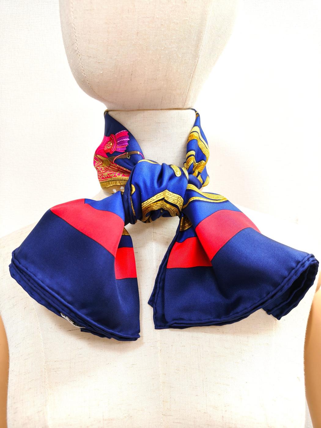 HERMES Carre 90 Cheval Turo Turkish Horse Silk Scarf Navy Ref. 10870