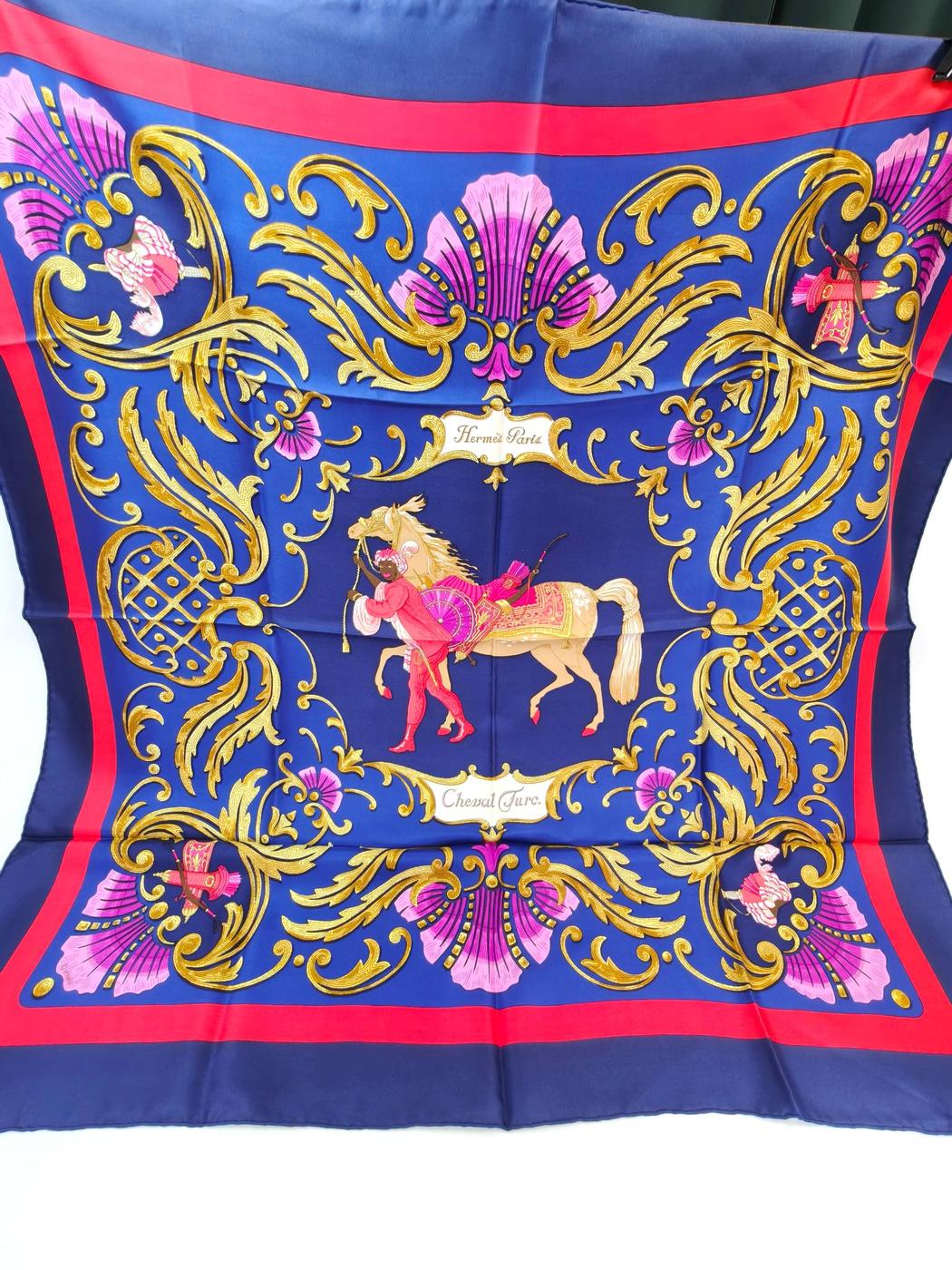 HERMES Carre 90 Cheval Turo Turkish Horse Silk Scarf Navy Ref. 10870