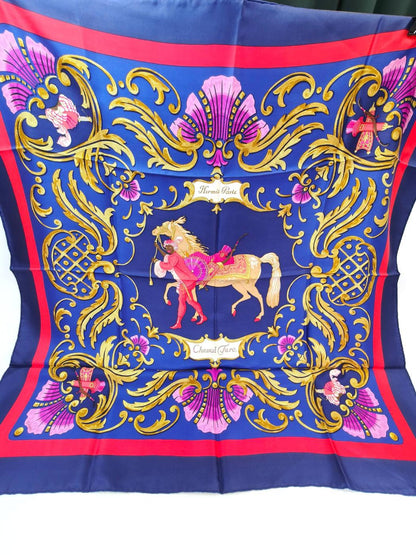 HERMES Carre 90 Cheval Turo Turkish Horse Silk Scarf Navy Ref. 10870