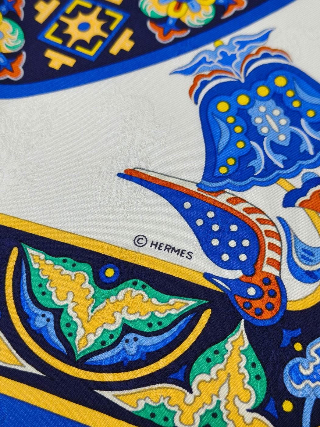 HERMES エルメス カレ90 ビザンチンの宝 シルク スカーフ ブルー 管理番号：11084