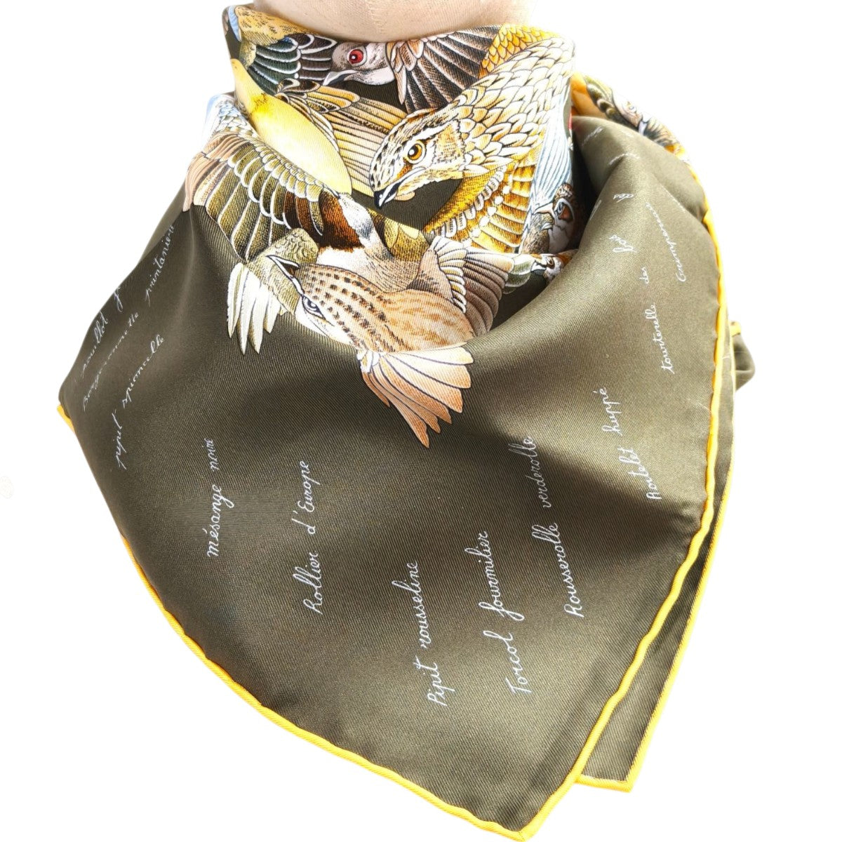 HERMES エルメス カレ90 侵入者 鳥柄 シルク スカーフ カーキ 未使用 管理番号：11114