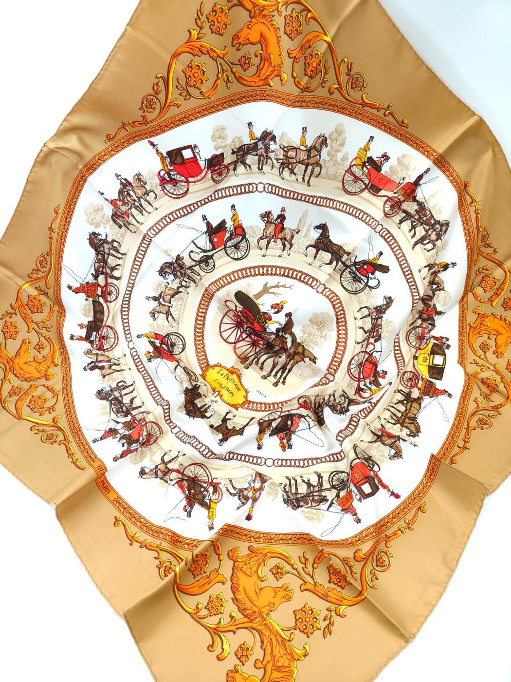 HERMES エルメス カレ90 ロンシャンへの散歩 シルク スカーフ ベージュ 管理番号：11116