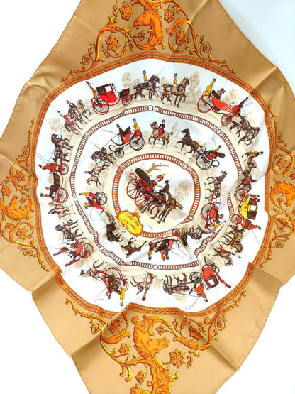 HERMES エルメス カレ90 ロンシャンへの散歩 シルク スカーフ ベージュ 管理番号：11116