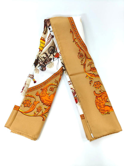 HERMES エルメス カレ90 ロンシャンへの散歩 シルク スカーフ ベージュ 管理番号：11116