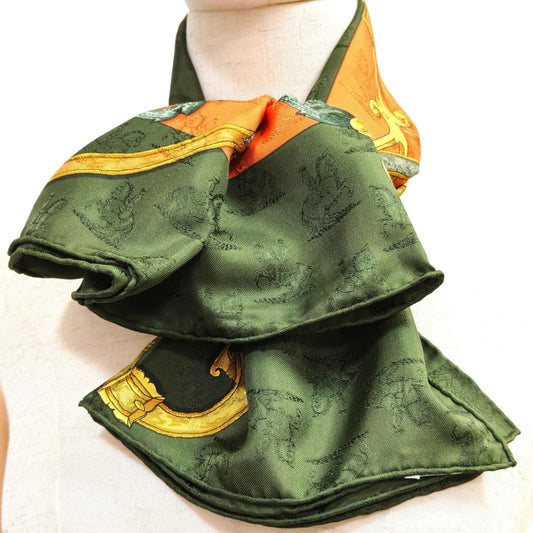 HERMES エルメス カレ90 帝王学 シルク スカーフ グリーン×オレンジ 管理番号：11117