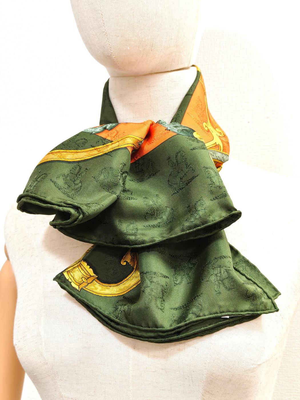 HERMES エルメス カレ90 帝王学 シルク スカーフ グリーン×オレンジ