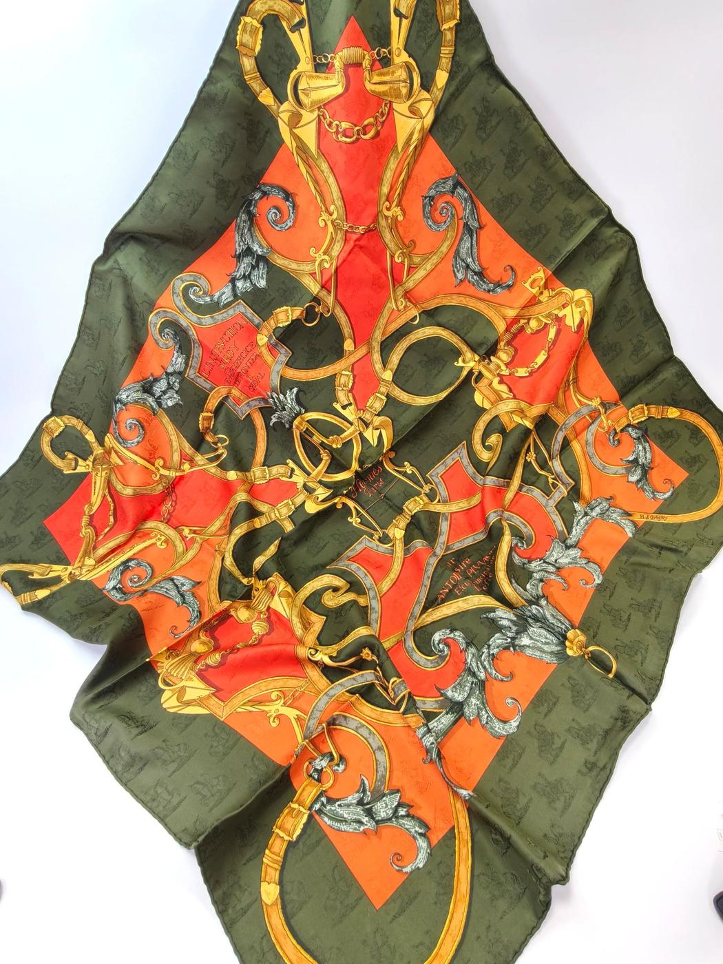 HERMES エルメス カレ90 帝王学 シルク スカーフ グリーン×オレンジ 管理番号：11117