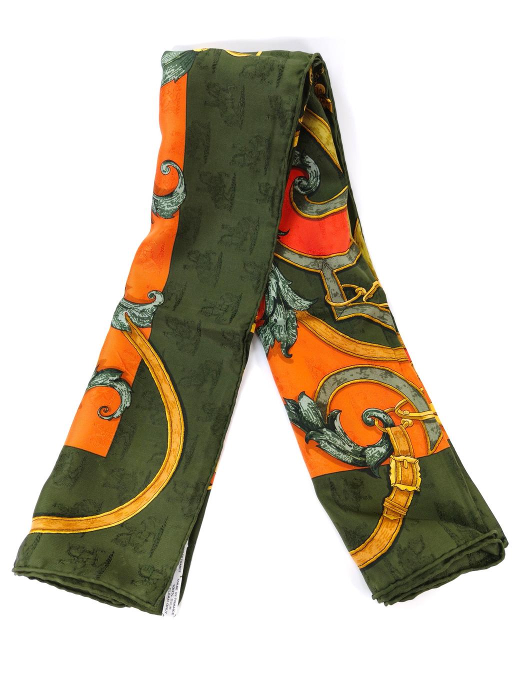 HERMES エルメス カレ90 帝王学 シルク スカーフ グリーン×オレンジ