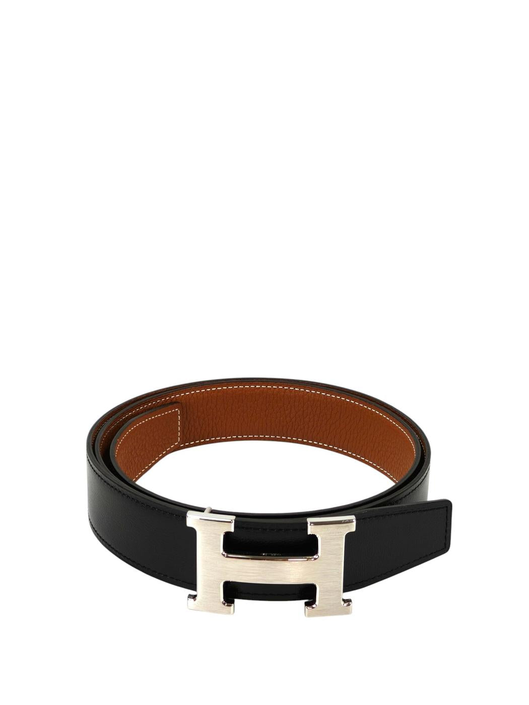 HERMES エルメス Hベルト リバーシブル W刻印 ブラック×シルバー 管理番号：11378