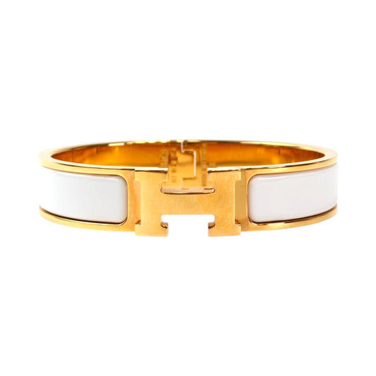 HERMES エナメルブレスレット クリックHPM 腕回り16cm バングル 白×金 管理番号：11740