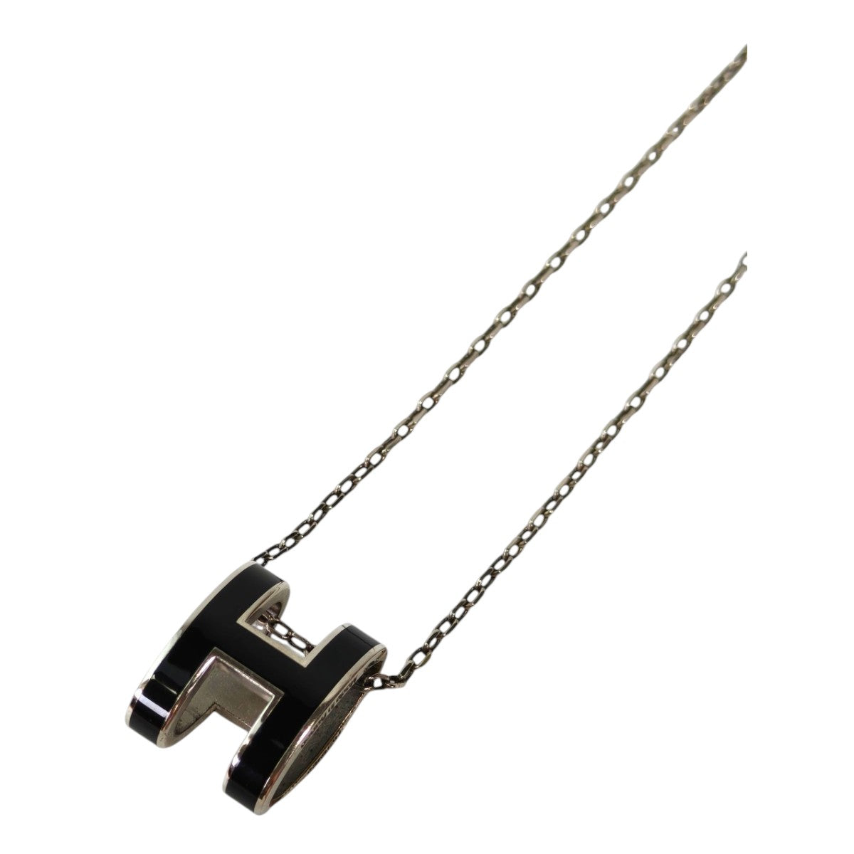 HERMES Pop H Pendant Black Necklace Black x Silver Metal Lacquer Management Number: 11792