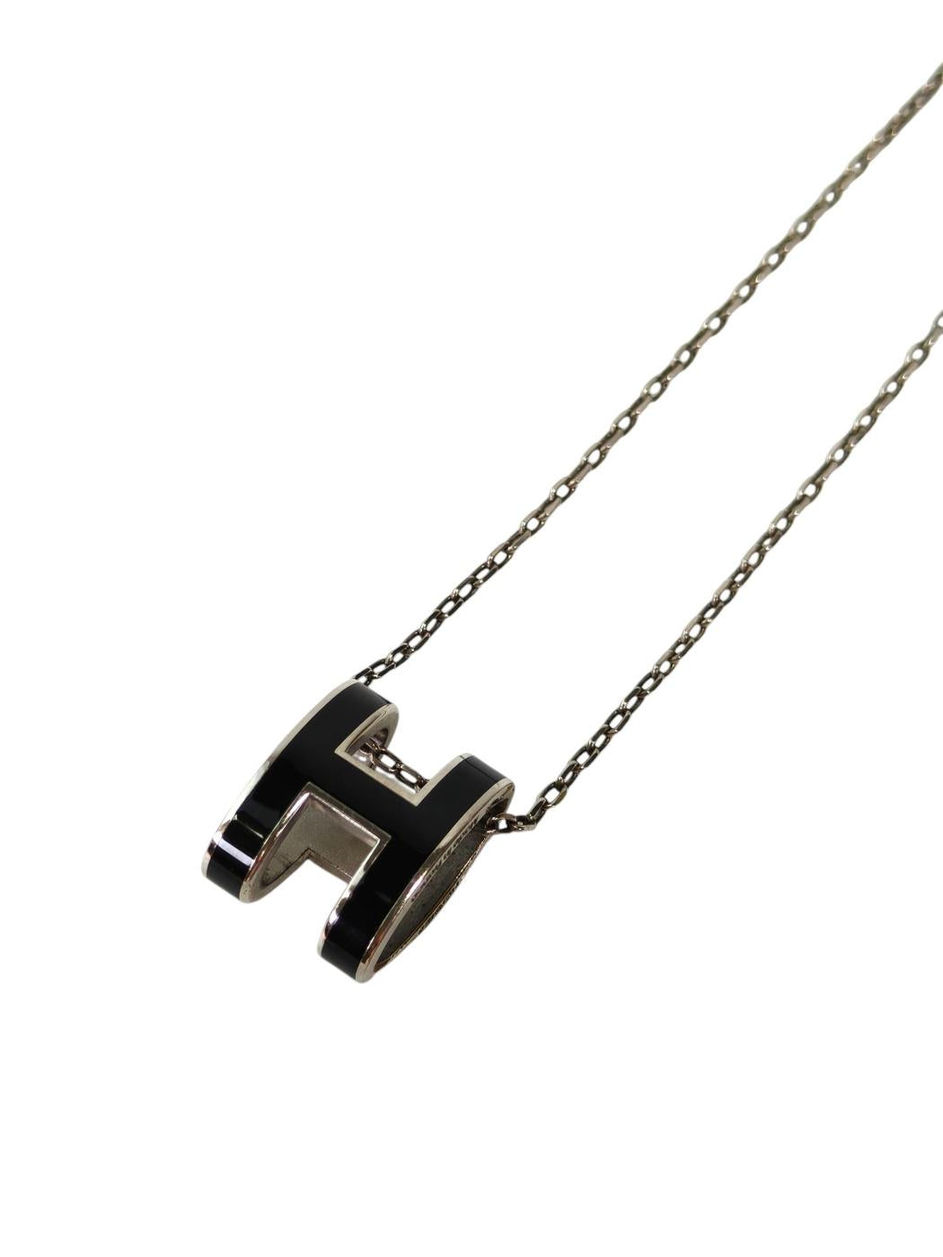 HERMES Pop H Pendant Black Necklace Black x Silver Metal Lacquer Management Number: 11792