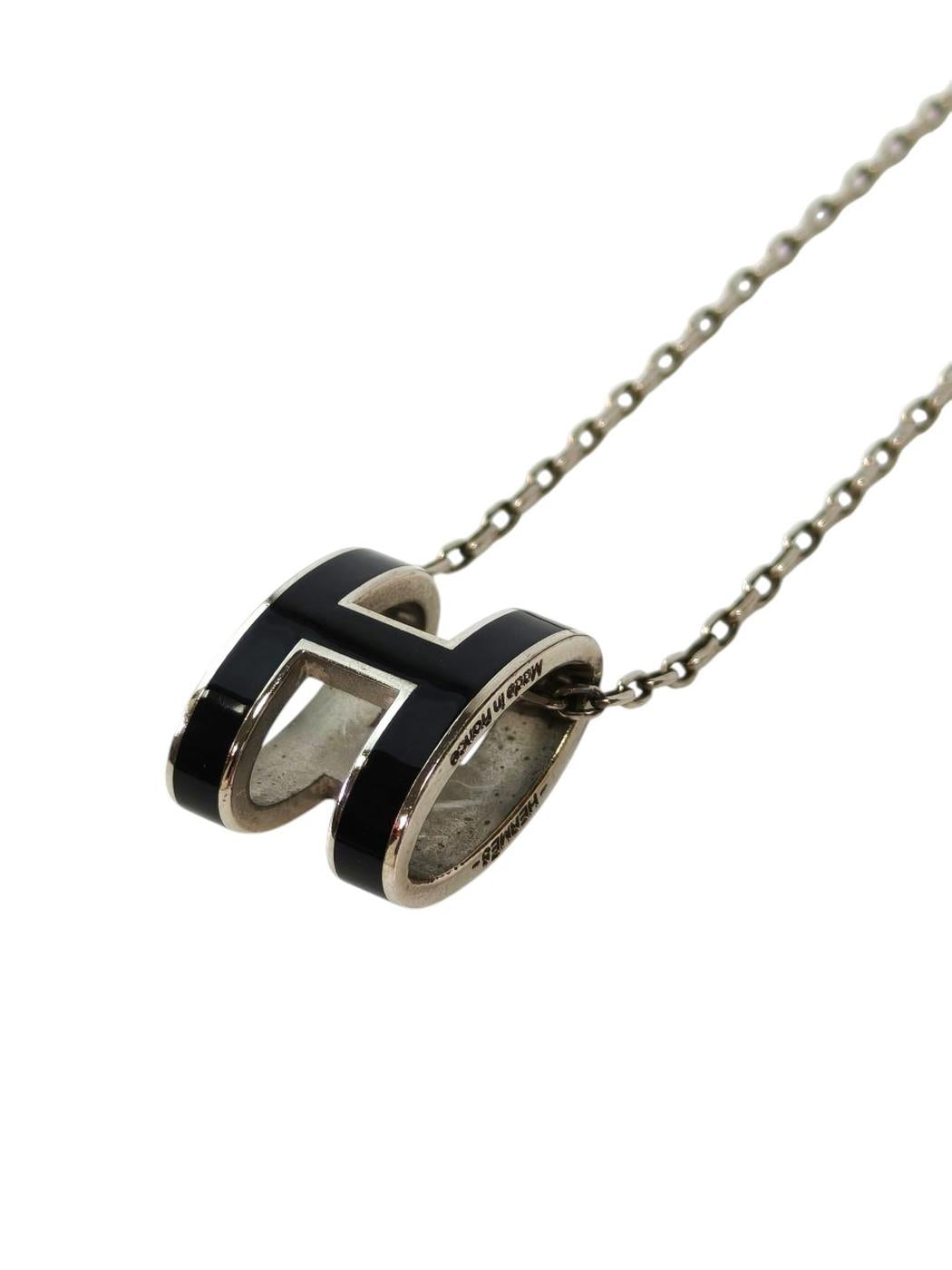 HERMES Pop H Pendant Black Necklace Black x Silver Metal Lacquer Management Number: 11792