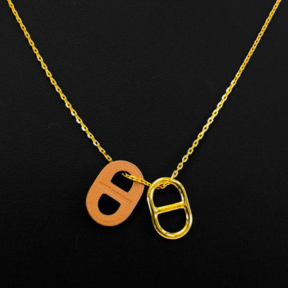 爱马仕 HERMES 项链 O'Maillon 吊坠 Chaine d'Ancre 船锚链 棕色 金色 型号：9563