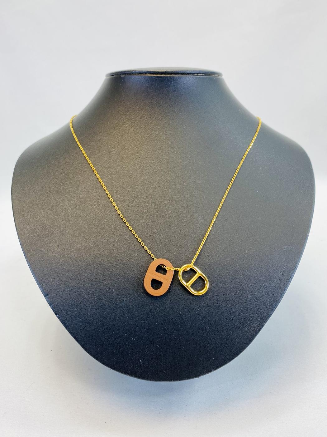 爱马仕 HERMES 项链 O'Maillon 吊坠 Chaine d'Ancre 船锚链 棕色 金色 型号：9563