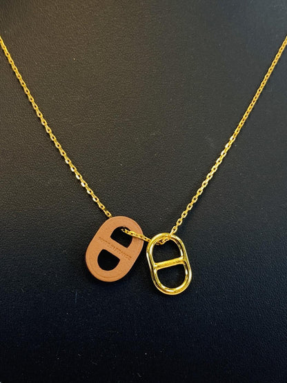 爱马仕 HERMES 项链 O'Maillon 吊坠 Chaine d'Ancre 船锚链 棕色 金色 型号：9563