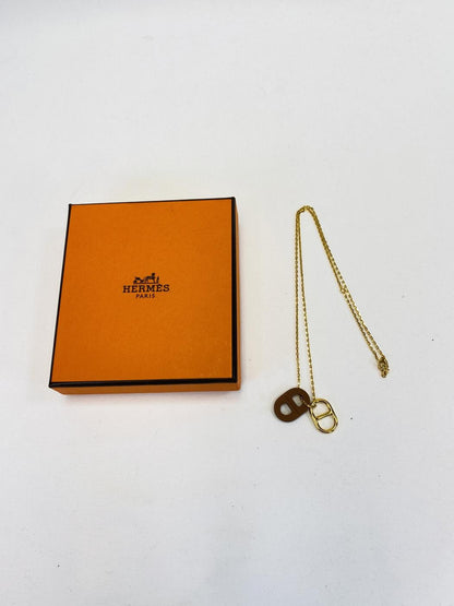 爱马仕 HERMES 项链 O'Maillon 吊坠 Chaine d'Ancre 船锚链 棕色 金色 型号：9563
