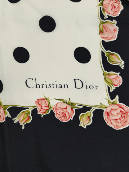 Dior ディオール ドットローズ シルクスカーフ ブラック×ホワイト 管理番号：11375