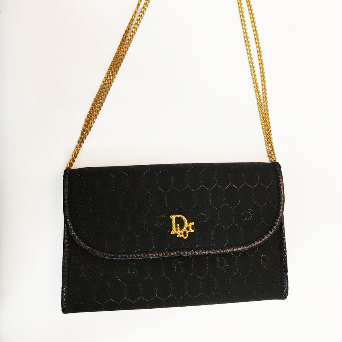 Dior ディオール ヴィンテージ ハニカム柄 ショルダーバッグ アクセサリーポーチ ポシェット ブラック ゴールド金具 管理番号：9786