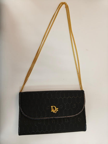 Dior ディオール ヴィンテージ ハニカム柄 ショルダーバッグ アクセサリーポーチ ポシェット ブラック ゴールド金具 管理番号：9786