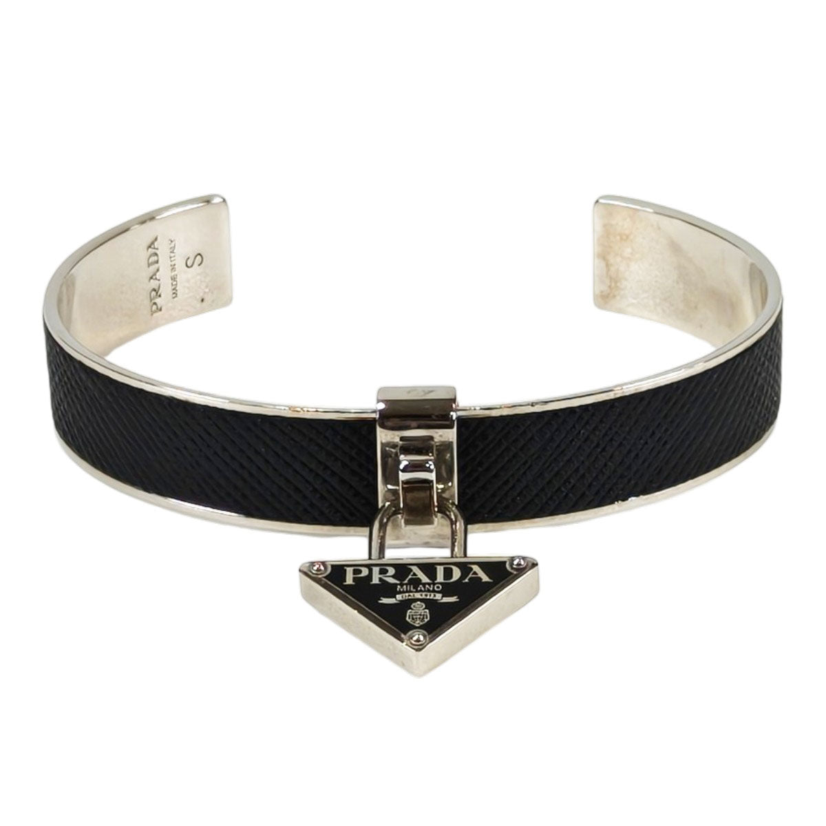 PRADA Saffiano Triangle Logo Bangle Black x Silver Size S Control number: 11232