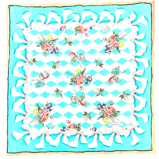 Tiffany ＆ Co 白リボン 花柄 シルクスカーフ ブルー×ホワイト マルチカラー 管理番号：11436