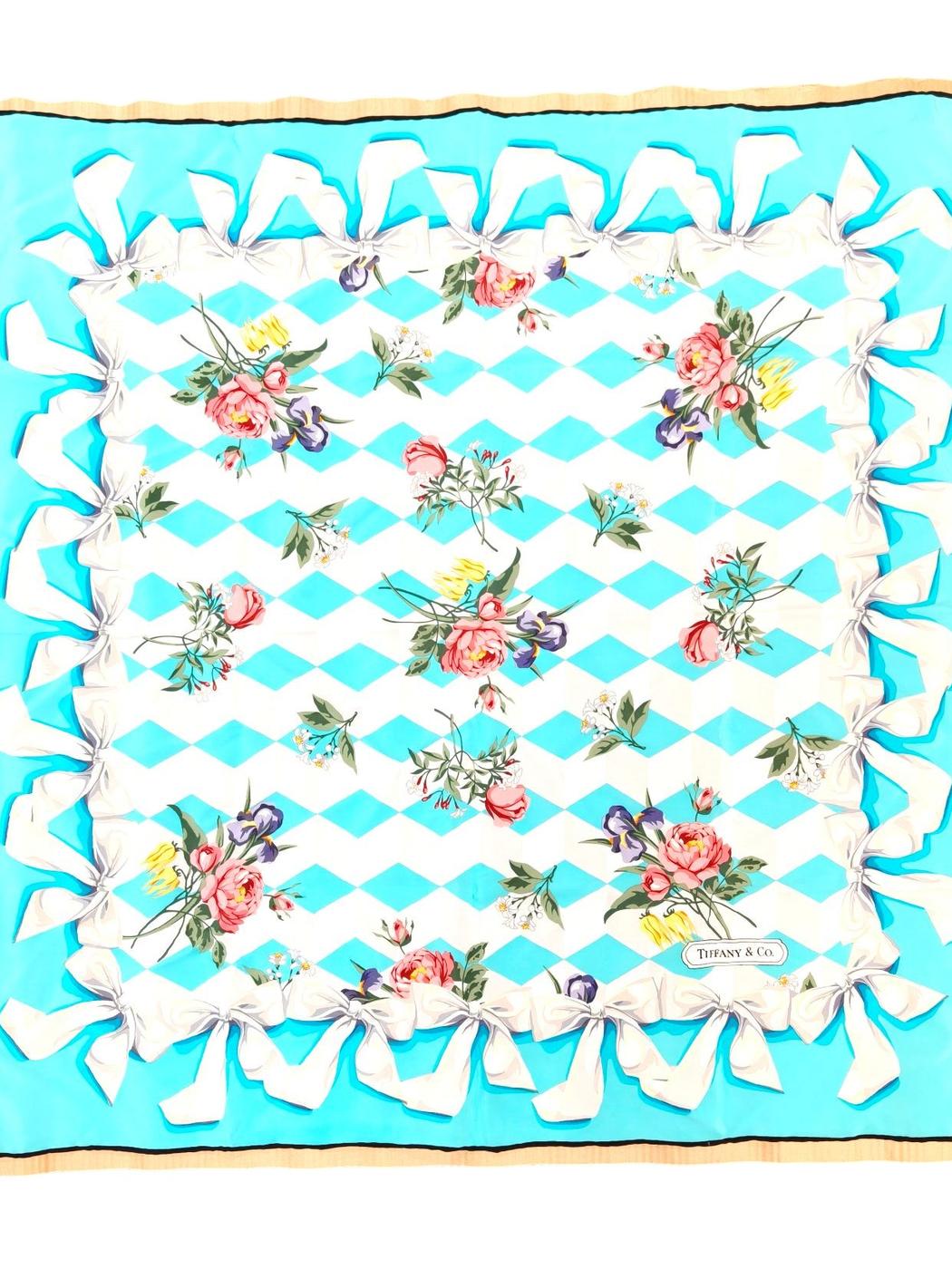 Tiffany ＆ Co 白リボン 花柄 シルクスカーフ ブルー×ホワイト マルチカラー 管理番号：11436