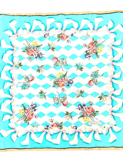 Tiffany ＆ Co 白リボン 花柄 シルクスカーフ ブルー×ホワイト マルチカラー 管理番号：11436