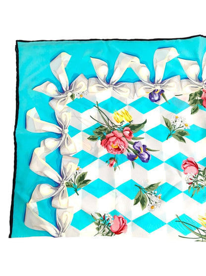 Tiffany ＆ Co 白リボン 花柄 シルクスカーフ ブルー×ホワイト マルチカラー 管理番号：11436