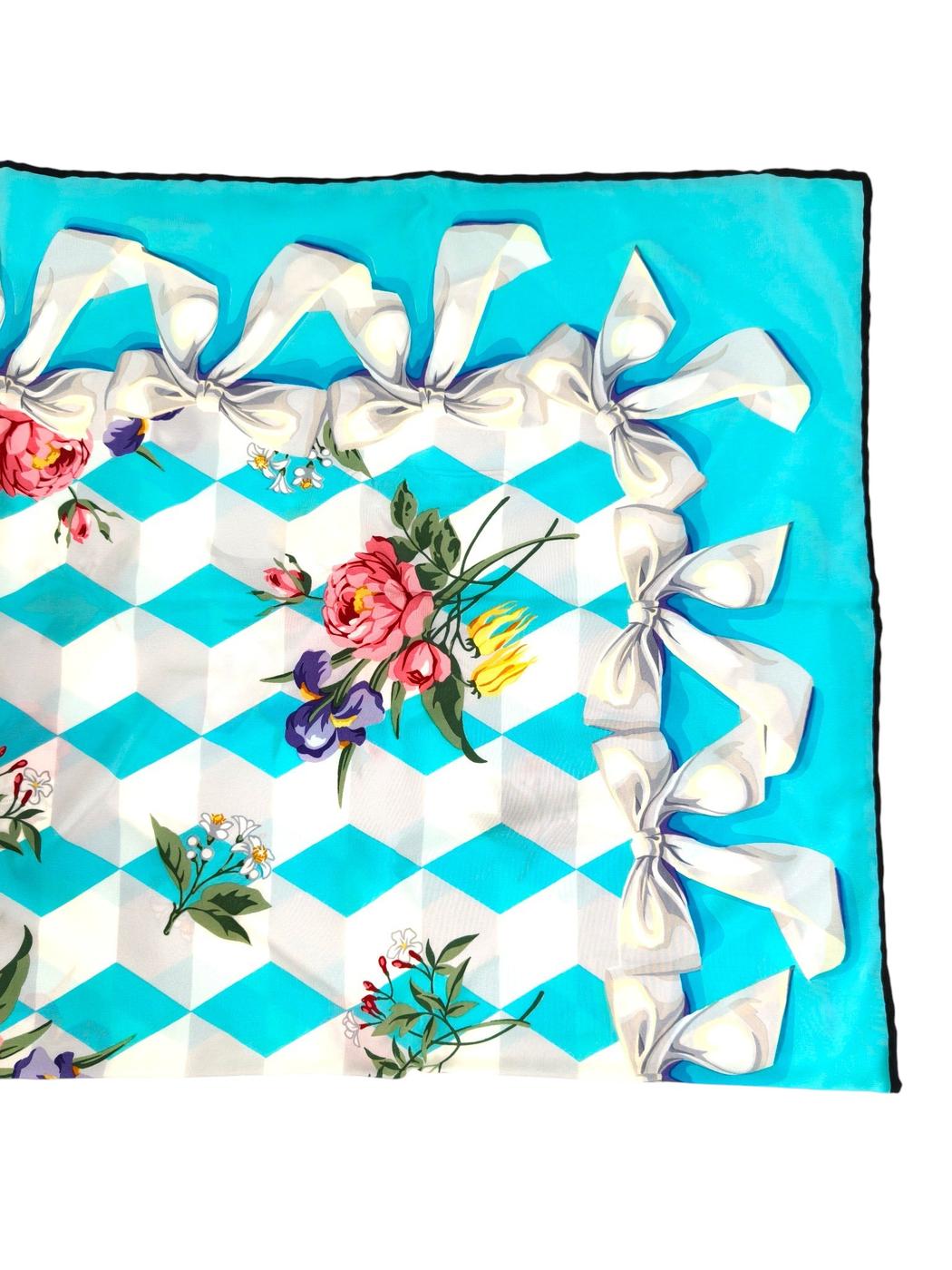 Tiffany ＆ Co 白リボン 花柄 シルクスカーフ ブルー×ホワイト マルチカラー 管理番号：11436