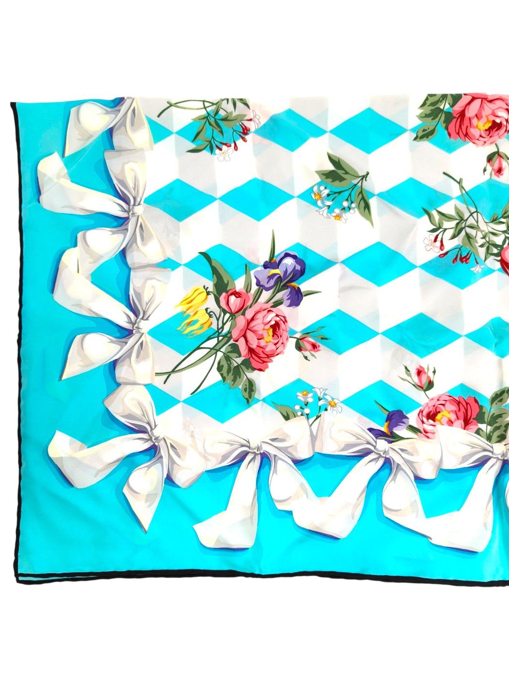 Tiffany ＆ Co 白リボン 花柄 シルクスカーフ ブルー×ホワイト マルチカラー 管理番号：11436