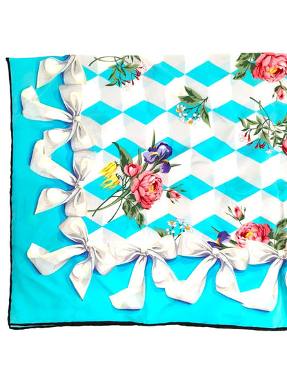 Tiffany ＆ Co 白リボン 花柄 シルクスカーフ ブルー×ホワイト マルチカラー 管理番号：11436
