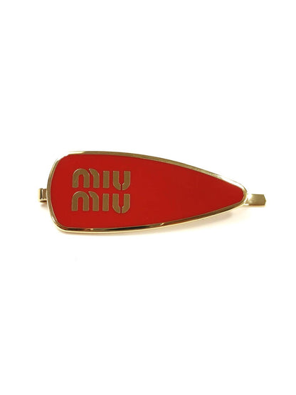 MIUMIU ミュウミュウ エナメルメタル ロゴ ヘアクリップ レッド×ゴールド 管理番号：11500