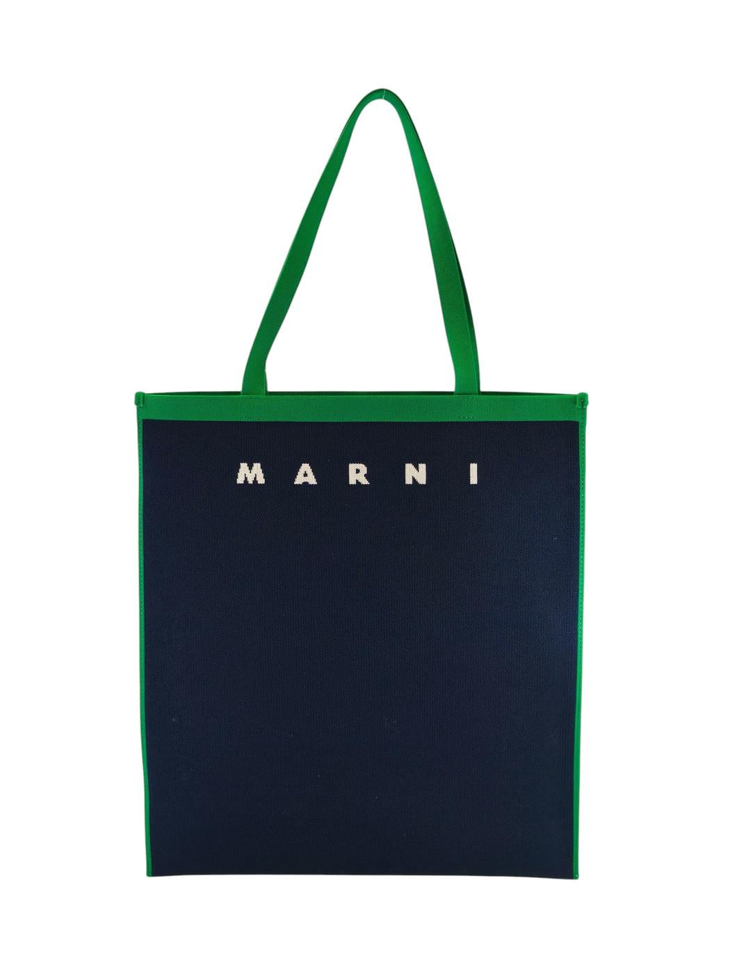 MARNI マルニ ロゴジャガード フラットバッグ トートバッグ ネイビー×グリーン 管理番号：11238