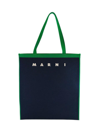 MARNI マルニ ロゴジャガード フラットバッグ トートバッグ ネイビー×グリーン 管理番号：11238
