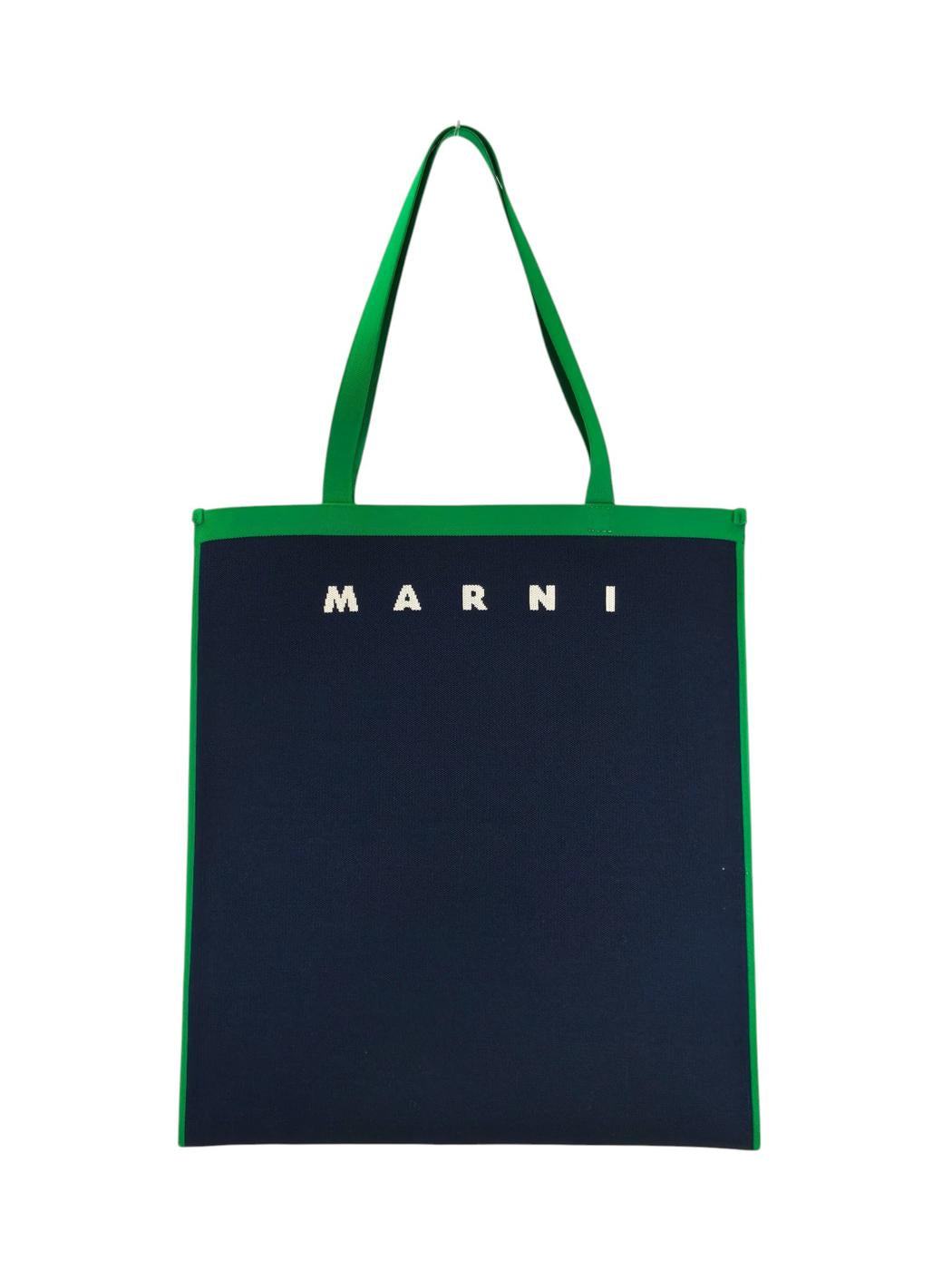 MARNI マルニ ロゴジャガード フラットバッグ トートバッグ ネイビー×グリーン 管理番号：11238