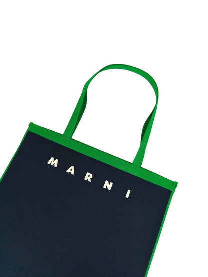 MARNI マルニ ロゴジャガード フラットバッグ トートバッグ ネイビー×グリーン 管理番号：11238