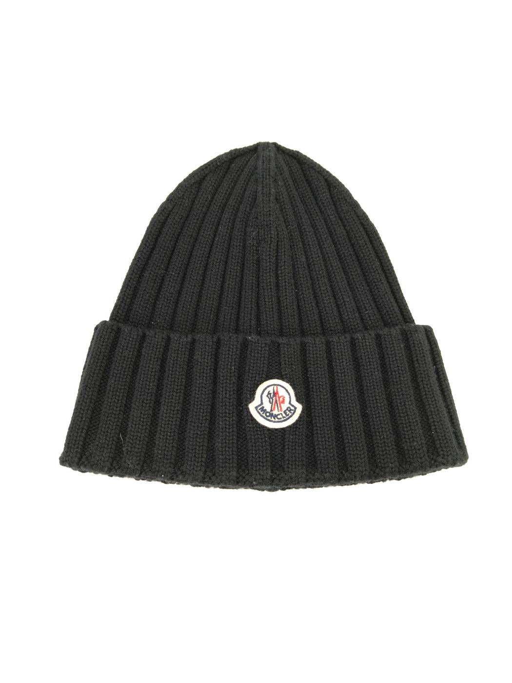 MONCLER 针织帽，罗纹饰有品牌标志贴片，黑色。货号：10453